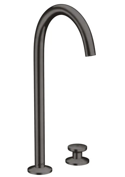 Waschtischmischer von AXOR in gebürstetem schwarzem Chrom mit zwei Löchern und Push-Open Ablaufgarnitur. Hoher, geschwungener Auslauf und runder Hebel.